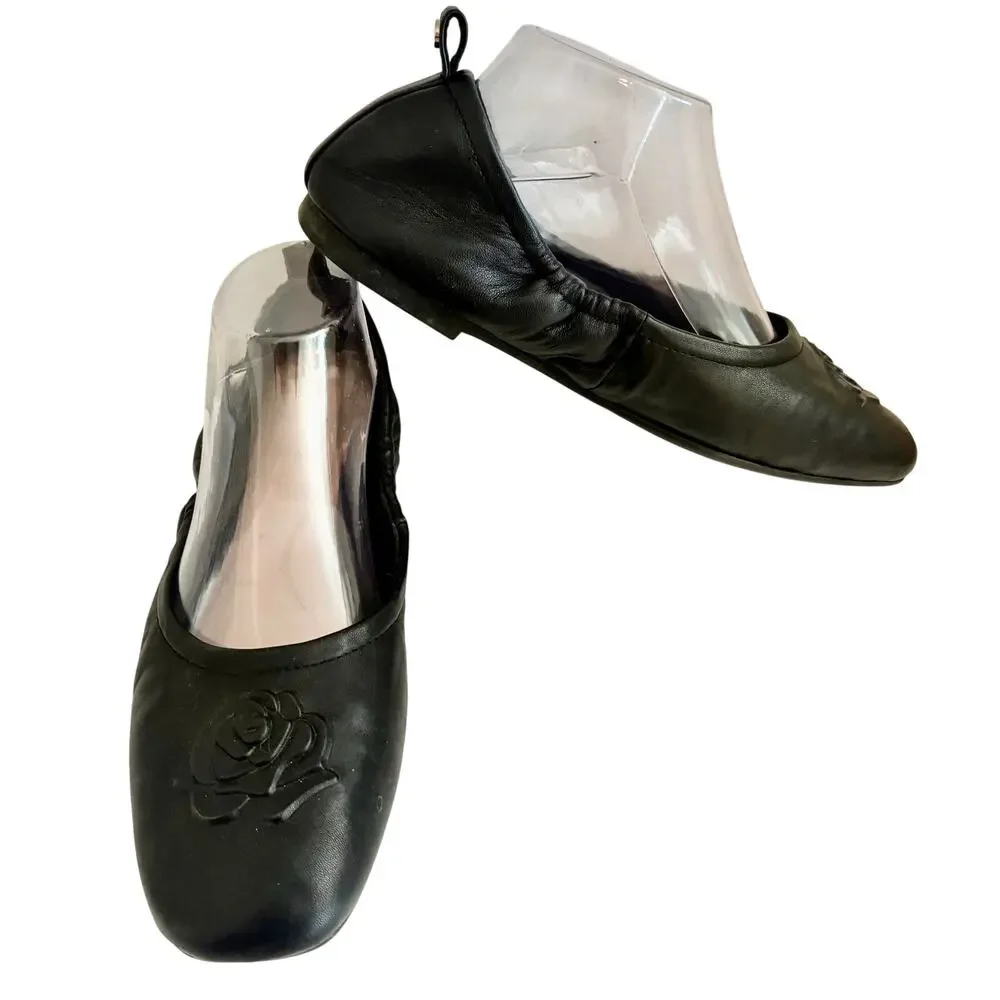 Taryn Rose Rosalyn Black Napa Leather Flower Ballet Flats Shoes Feminine